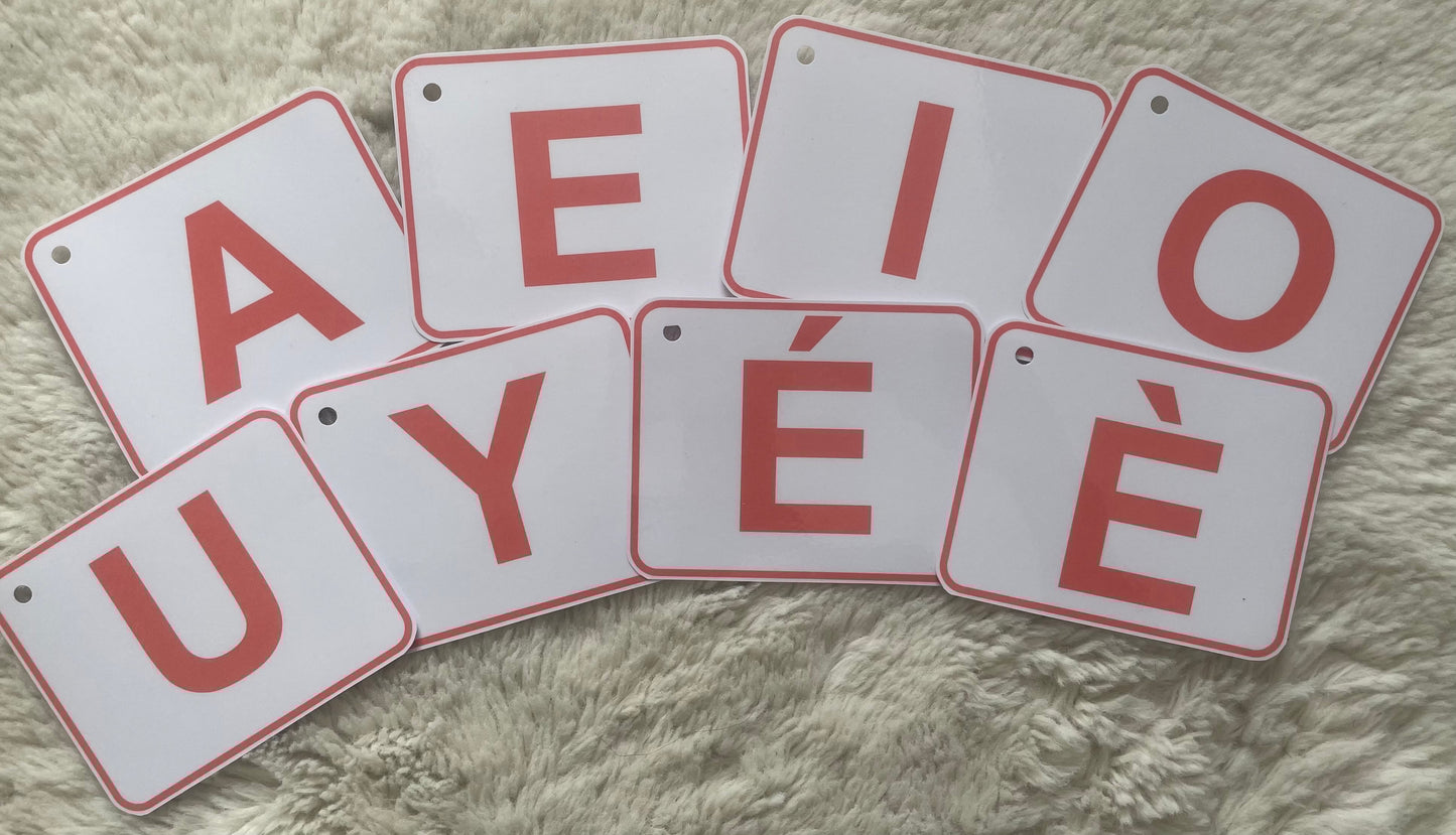 Cartes plastifiées de L'anneau des Sons avec voyelles rouges pour apprentissage lecture enfants