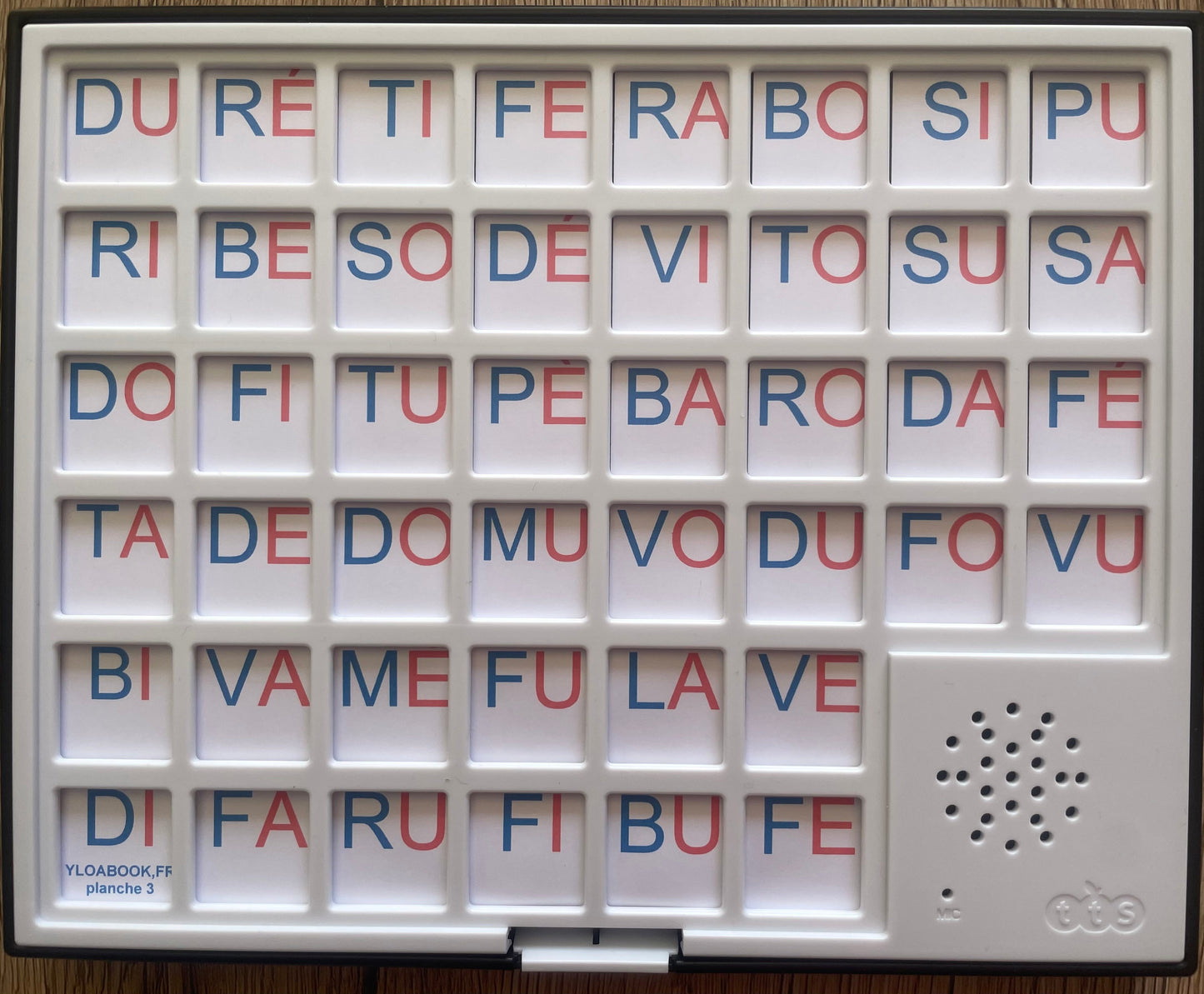 Tableau bavard interactif pour apprendre à lire avec 44 cases sonores et syllabes colorées.