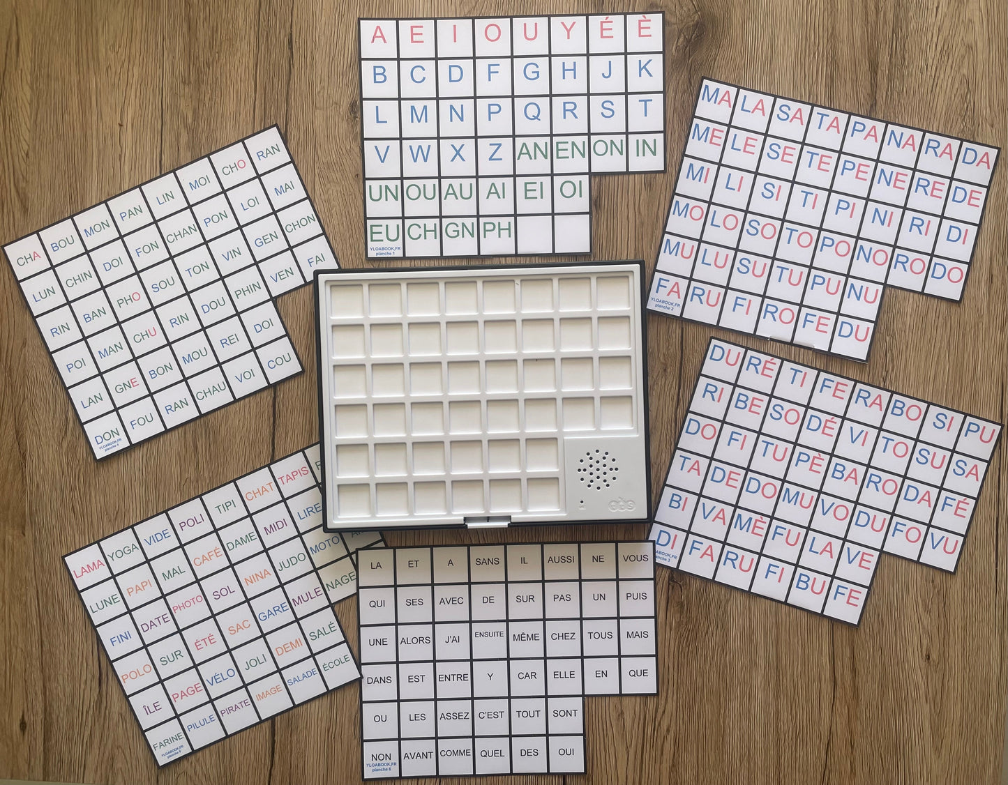 Tableau bavard de lecture interactif avec 44 cases et 6 planches pour apprendre à lire par sons et mots