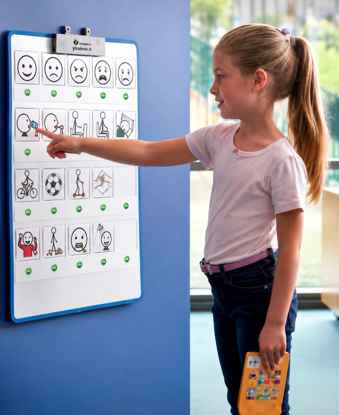 Enfant utilisant un tableau de communication parlant YLOABOOK avec pictogrammes pour exprimer ses besoins