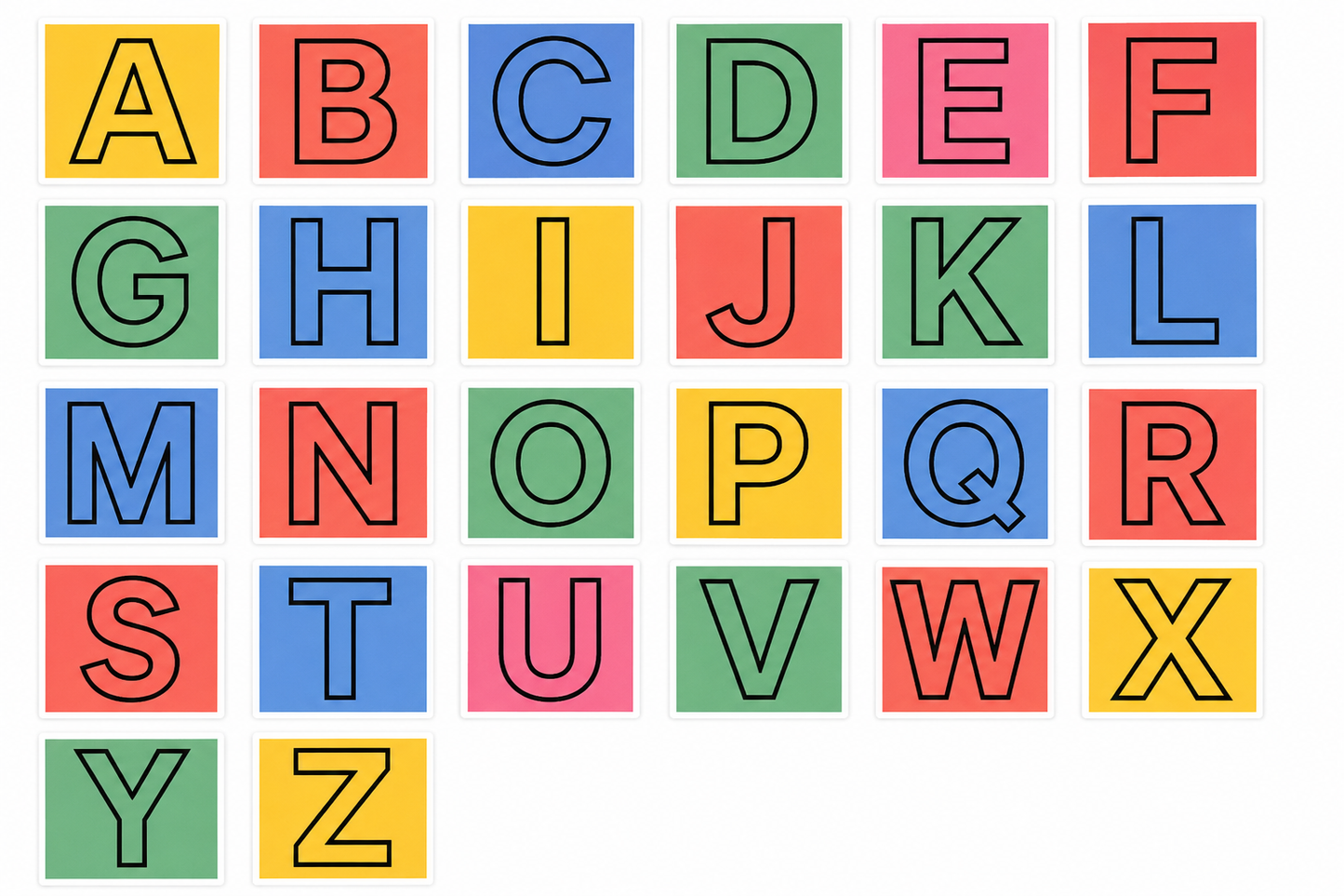 Étiquettes Alphabet A à Z – Lettres Colorées & Plastifiées (format 7x7 cm)