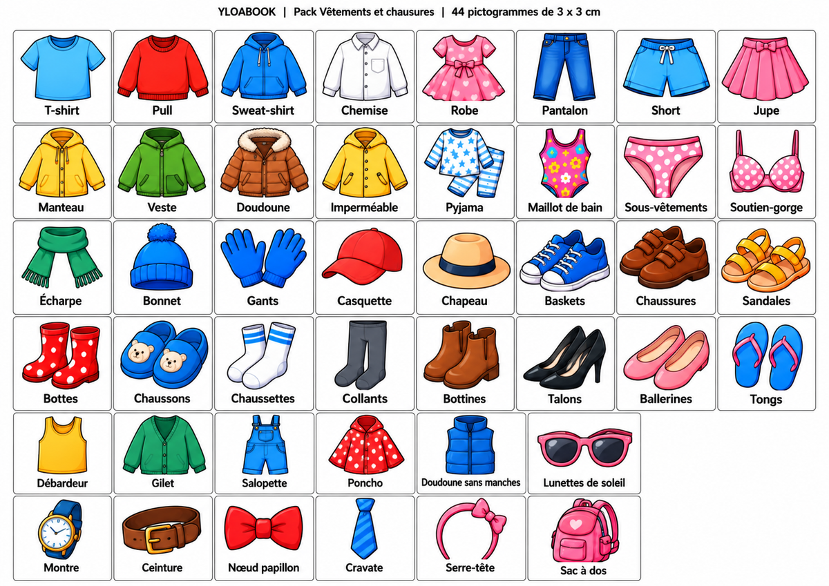 Pack PDF « Vêtements et chaussures » – 44 pictogrammes à imprimer | Compatible avec le petit tableau de communication parlant