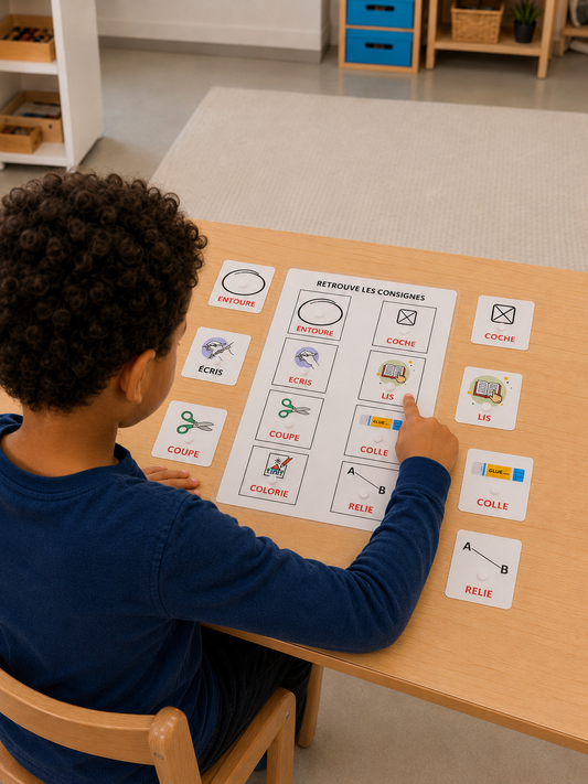 Les premières consignes – CP 📘 | Support A4 plastifié + 8 étiquettes à scratch 🖍️ Comprendre et manipuler les consignes de base dès l’entrée en CP