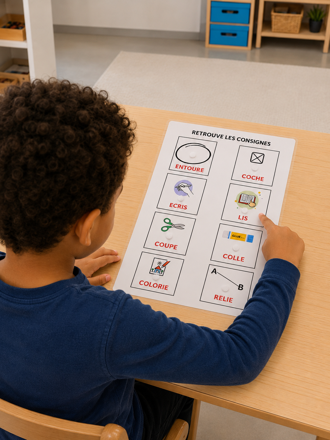 Les premières consignes – CP 📘 | Support A4 plastifié + 8 étiquettes à scratch 🖍️ Comprendre et manipuler les consignes de base dès l’entrée en CP