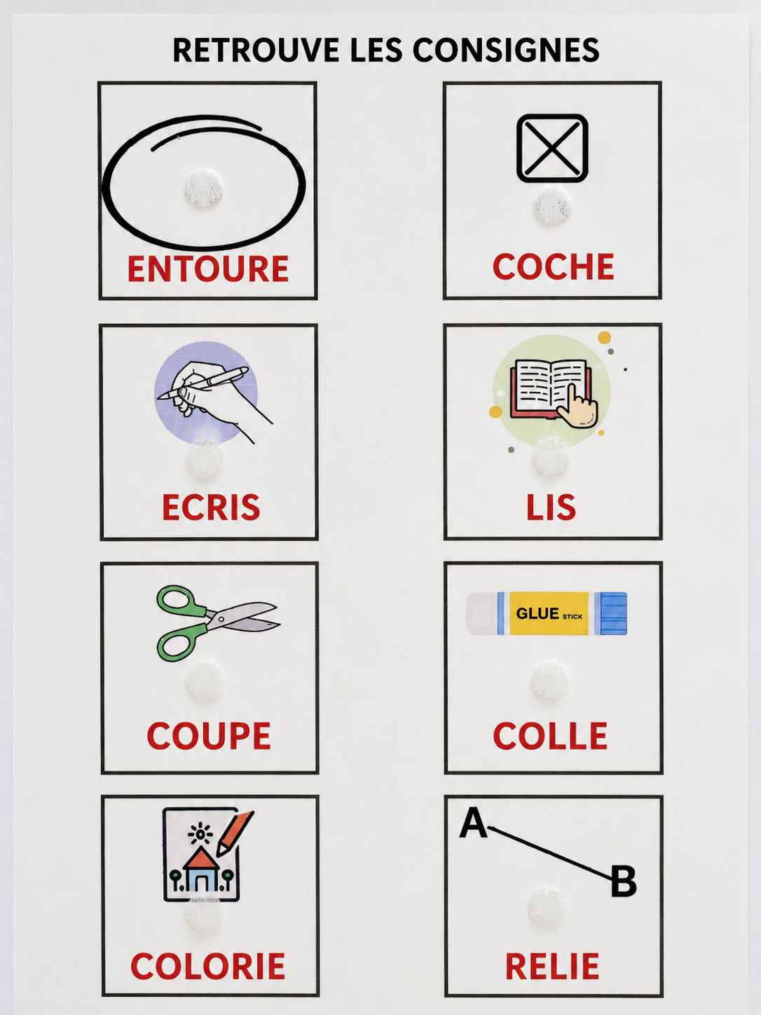 Les premières consignes – CP 📘 | Support A4 plastifié + 8 étiquettes à scratch 🖍️ Comprendre et manipuler les consignes de base dès l’entrée en CP