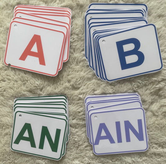 Cartes L'anneau des Sons colorées pour apprendre les lettres et sons, format 9x12 cm, support pédagogique pour enfants.