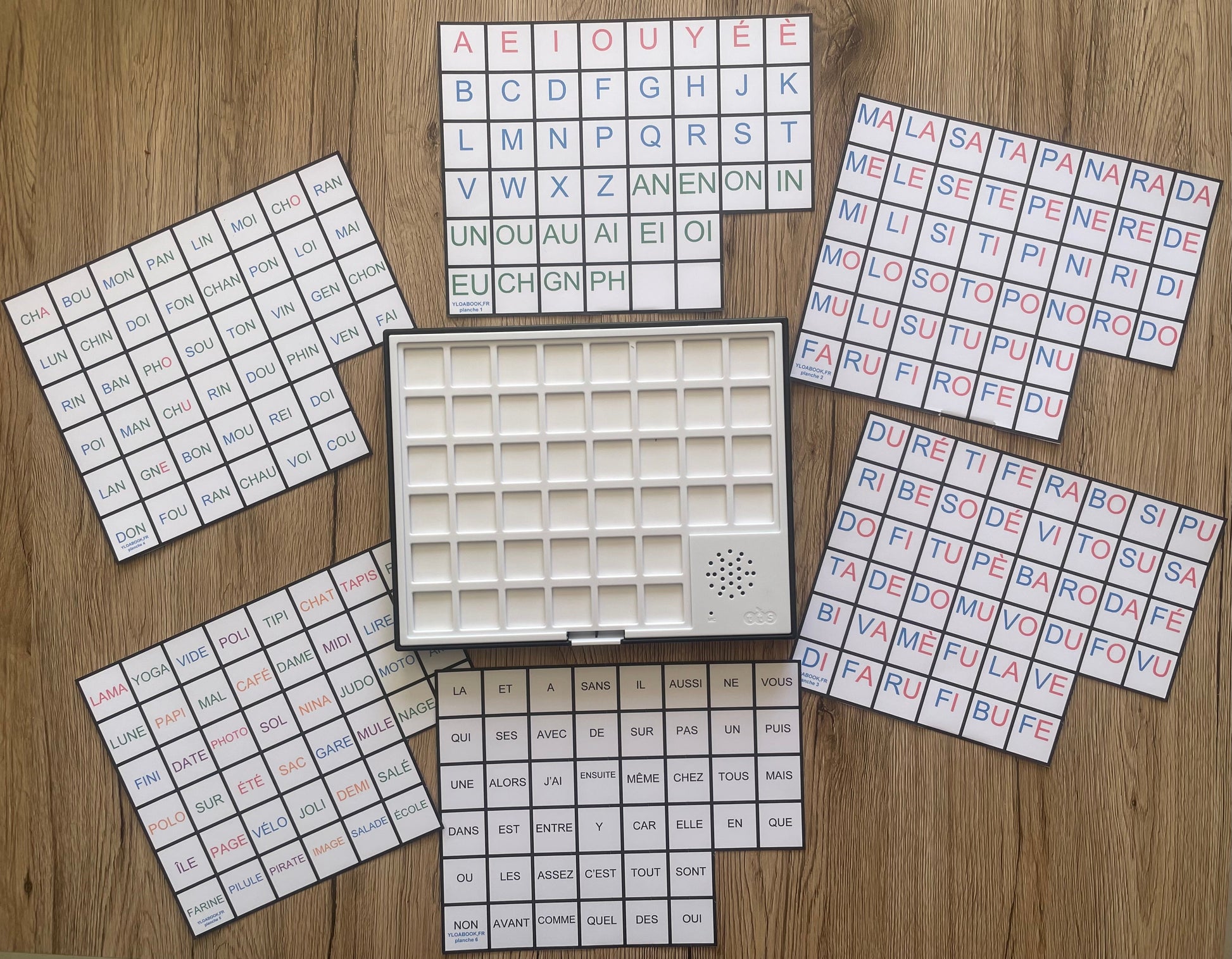 Tableau bavard de lecture interactif avec 44 cases et 6 planches pour apprendre à lire par sons et mots