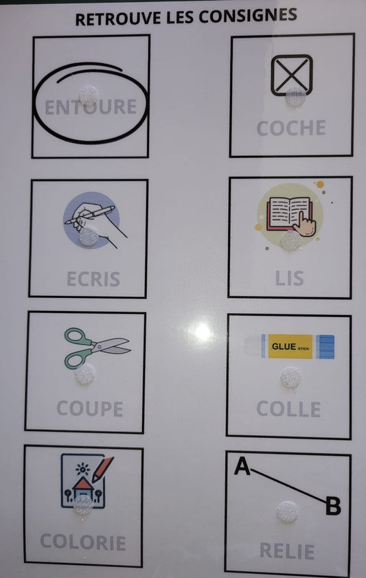 Les premières consignes – CP 📘 | Support A4 plastifié + 8 étiquettes à scratch 🖍️ Comprendre et manipuler les consignes de base dès l’entrée en CP