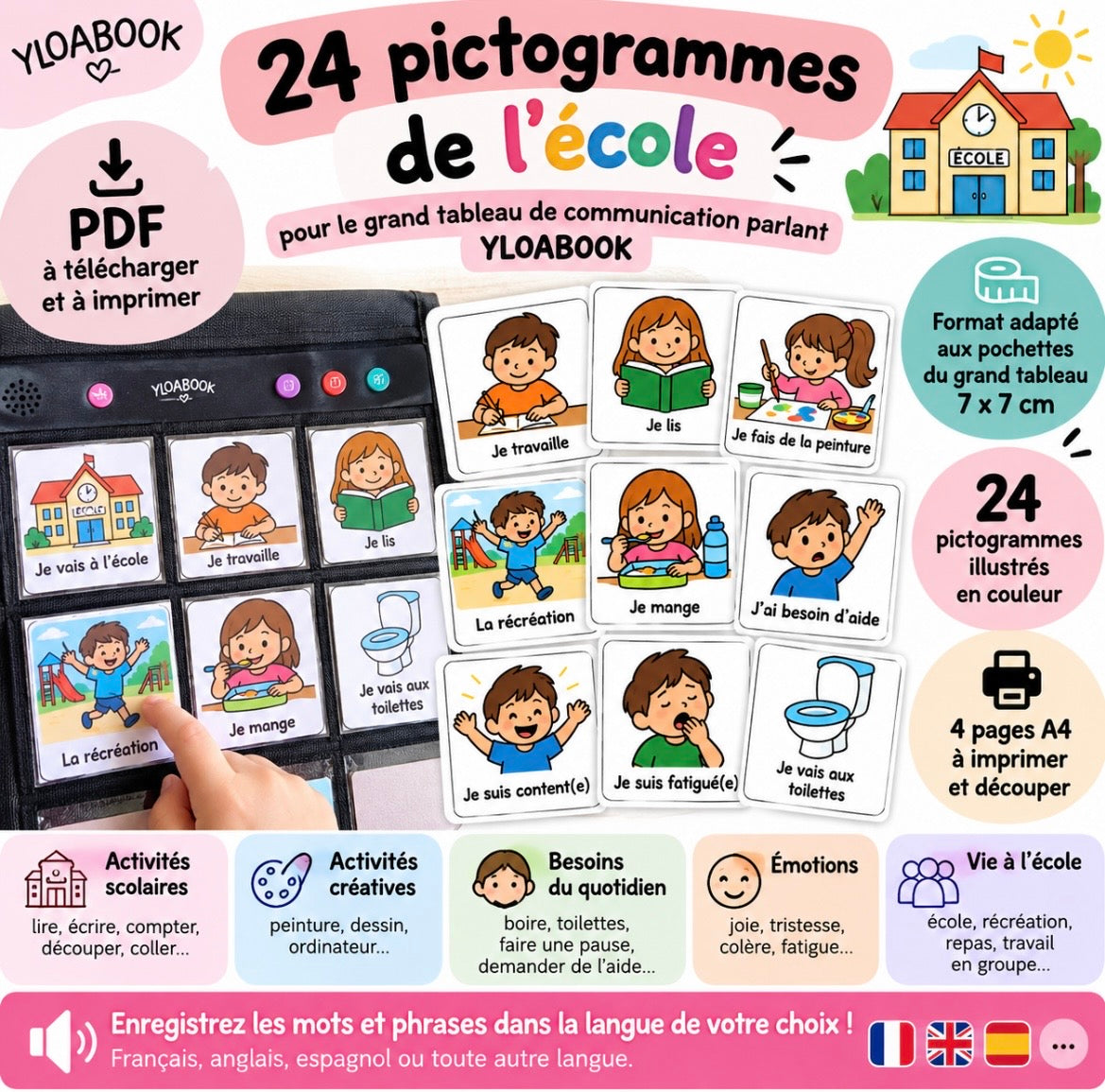 24 pictogrammes de l'école - PDF compatible avec le grand tableau de communication parlant YLOABOOK