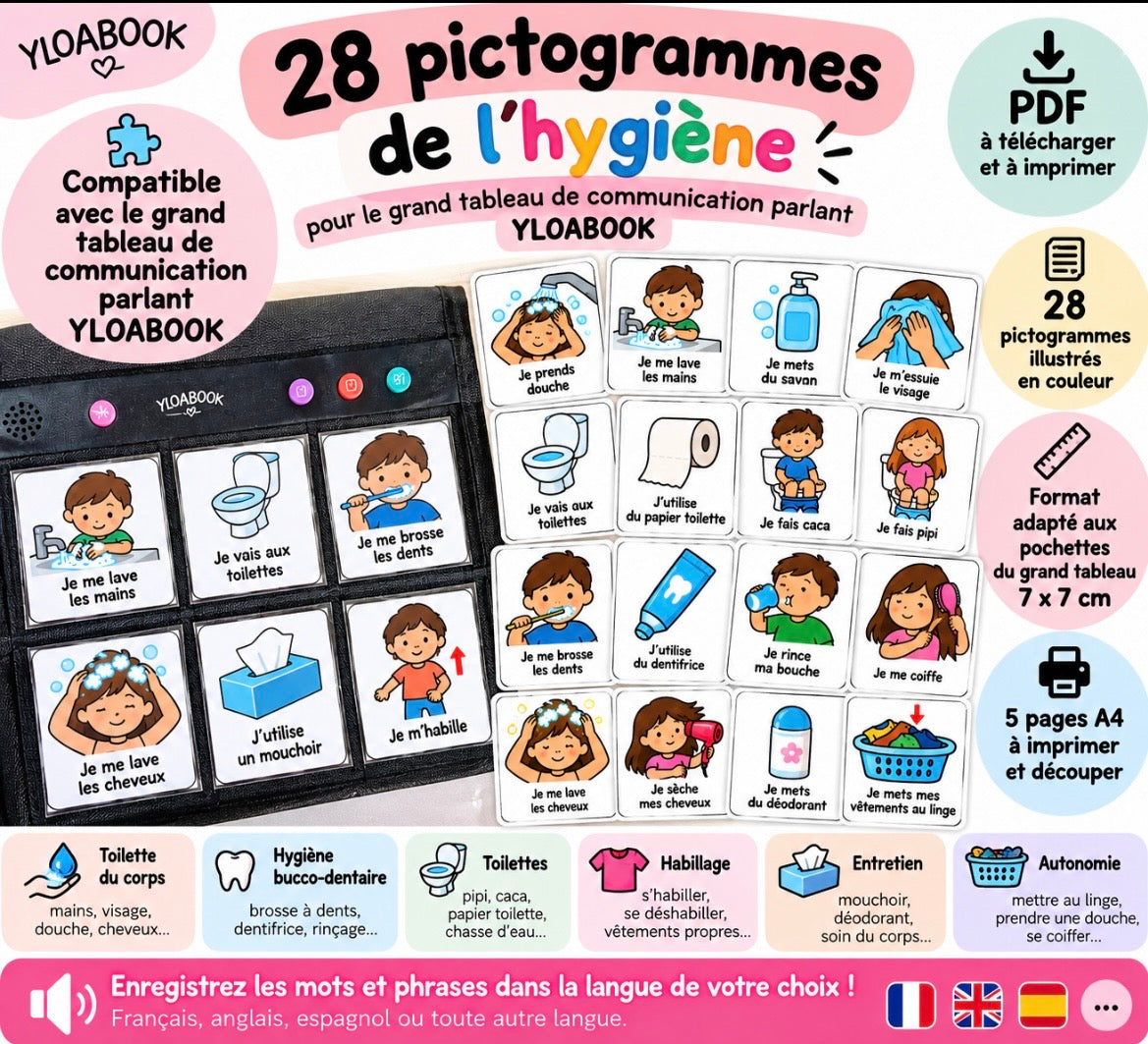 28 pictogrammes de l’hygiène – PDF compatible avec le grand tableau de communication parlant YLOABOOK