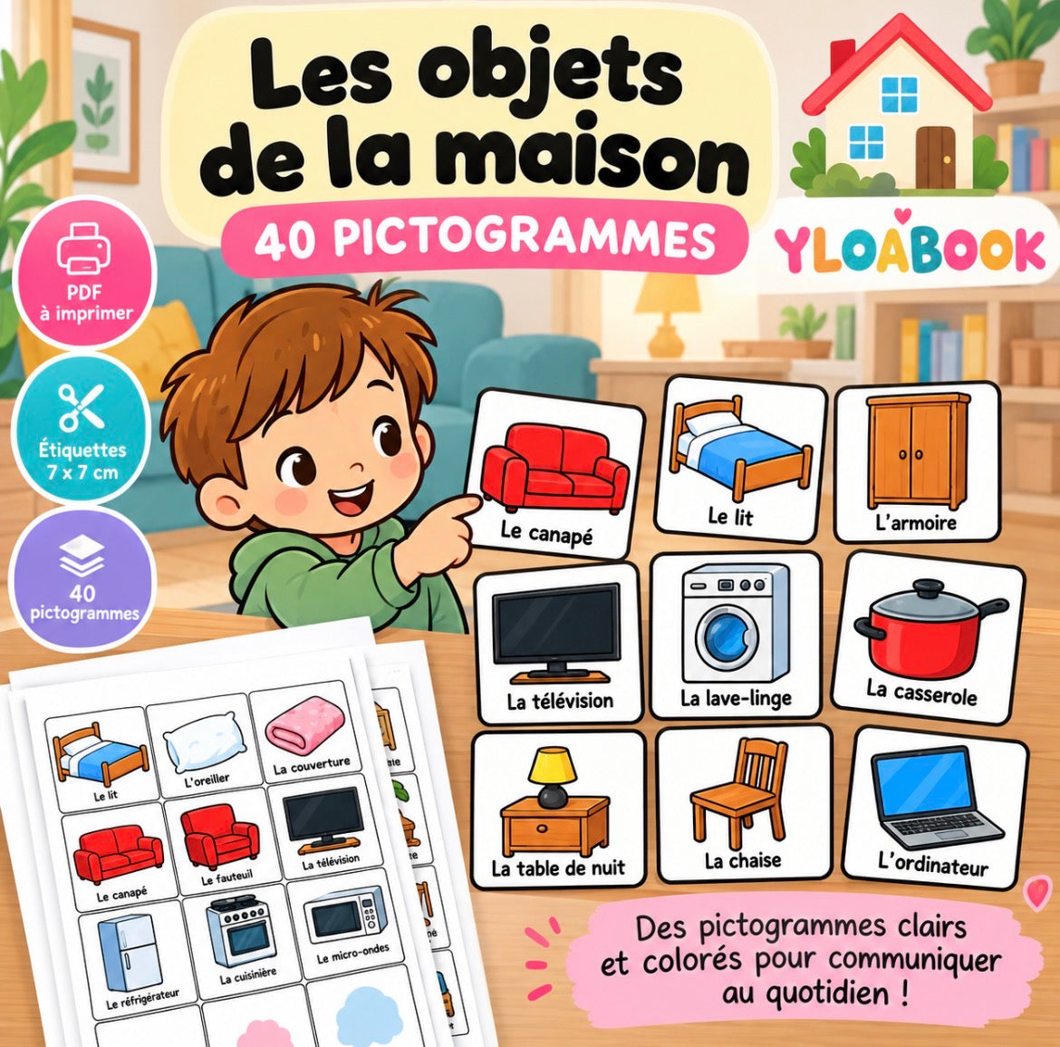 40 pictogrammes « Les objets de la maison » – PDF à imprimer | Compatible avec le grand tableau parlant YLOABOOK