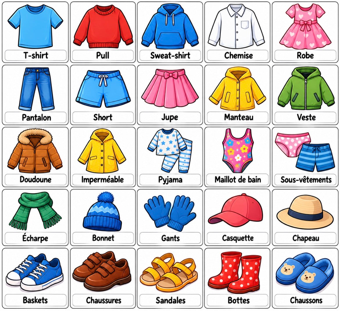 25 pictogrammes « Vêtements et chaussures » – PDF à imprimer | Compatible avec le grand tableau parlant YLOABOOK