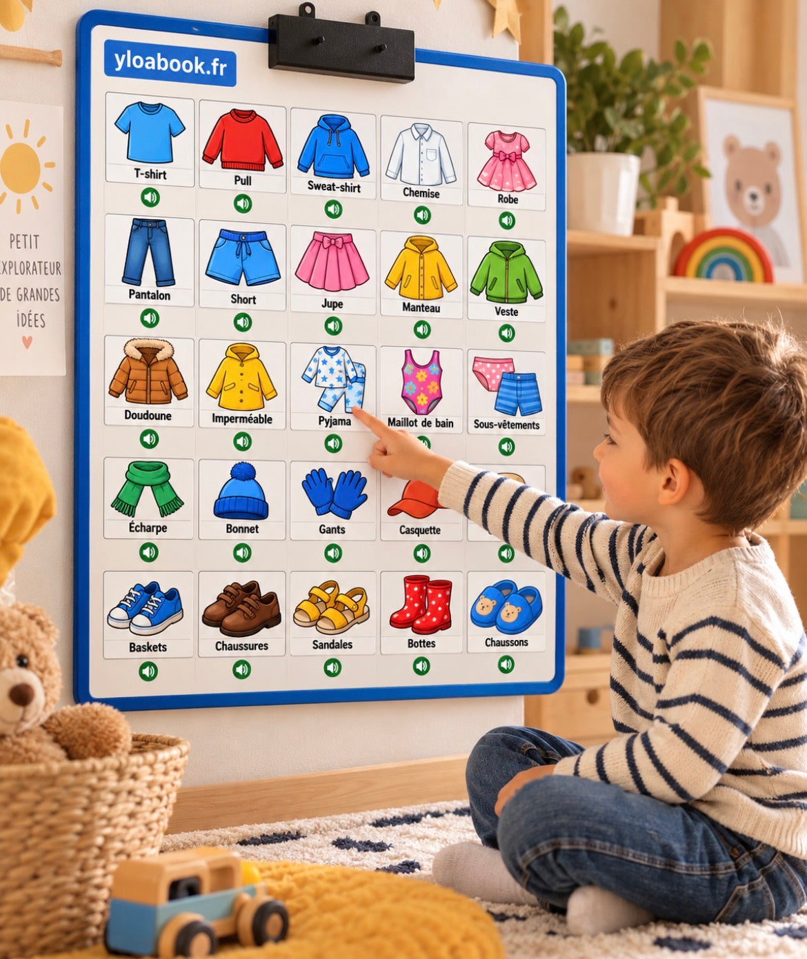 25 pictogrammes « Vêtements et chaussures » – PDF à imprimer | Compatible avec le grand tableau parlant YLOABOOK