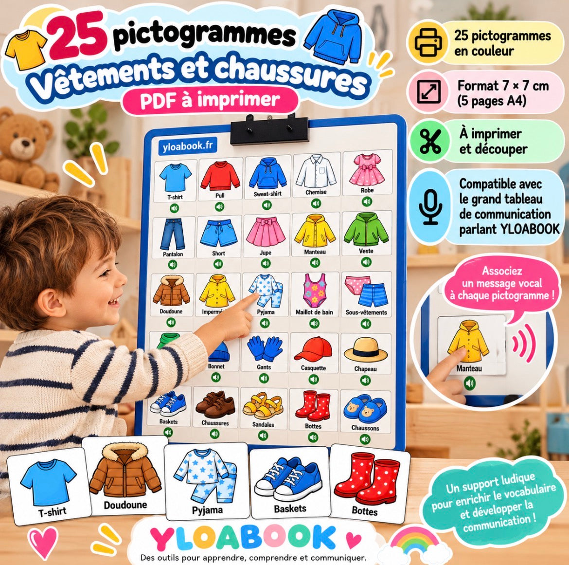 25 pictogrammes « Vêtements et chaussures » – PDF à imprimer | Compatible avec le grand tableau parlant YLOABOOK
