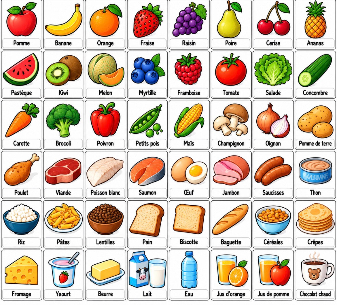 40 pictogrammes « Aliments et boissons » – PDF à imprimer | Compatible avec le grand tableau de communication parlant YLOABOOK