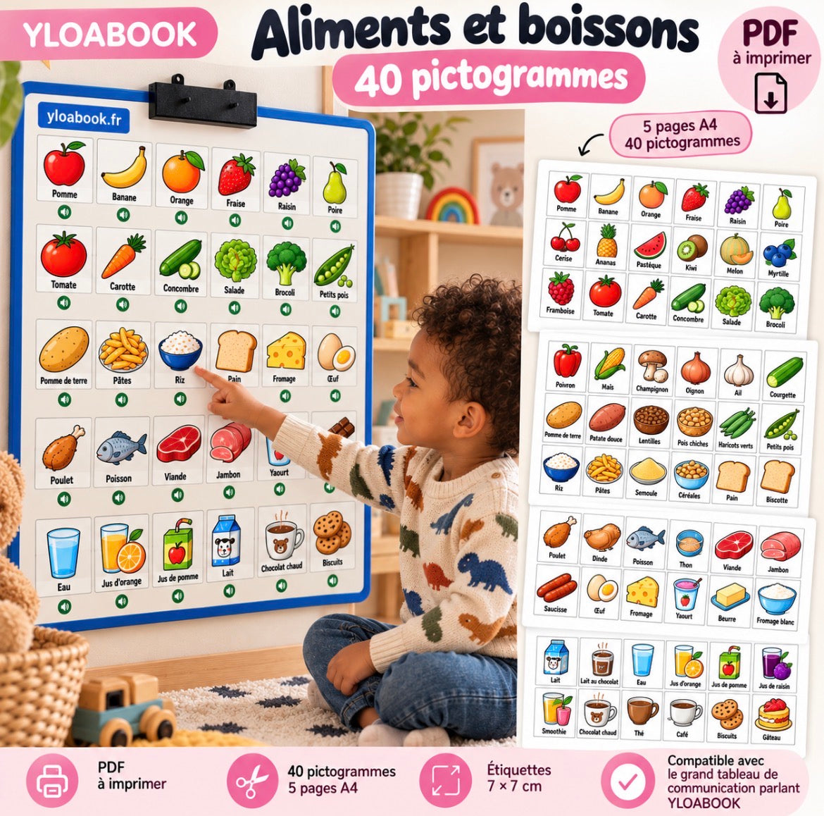 40 pictogrammes « Aliments et boissons » – PDF à imprimer | Compatible avec le grand tableau de communication parlant YLOABOOK