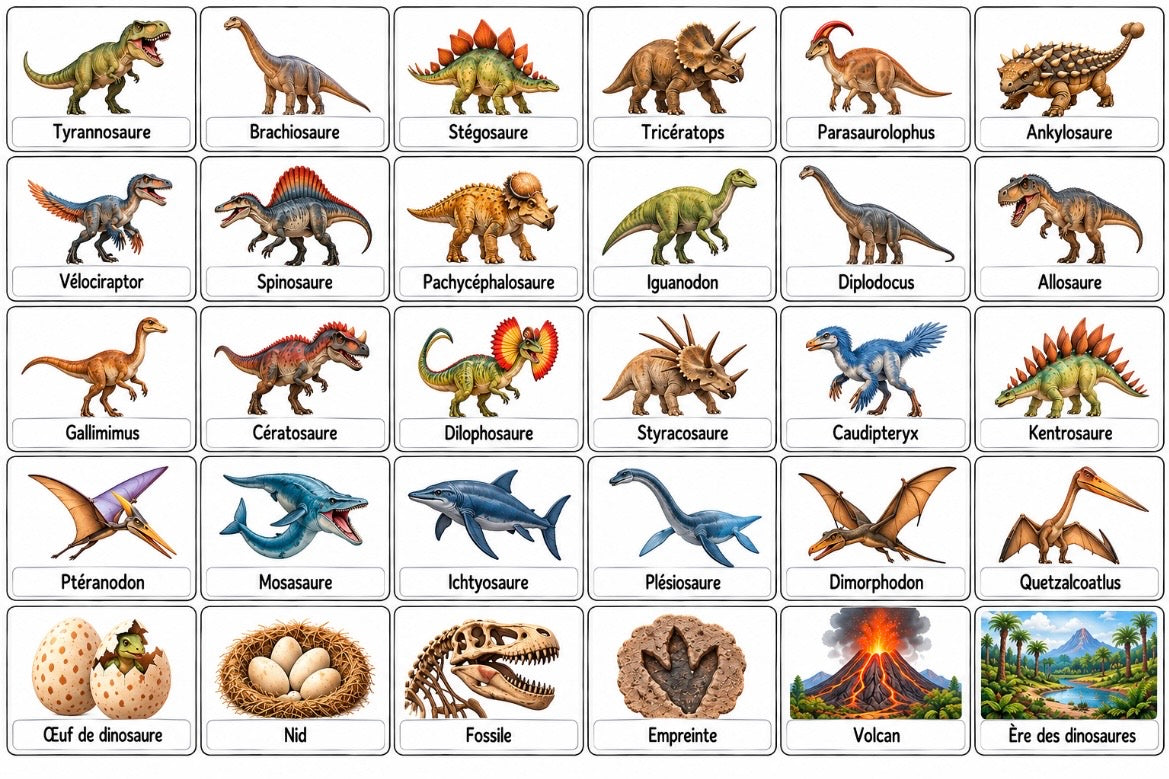 30 pictogrammes « Les dinosaures » – PDF à imprimer | Compatible avec le grand tableau parlant YLOABOOK