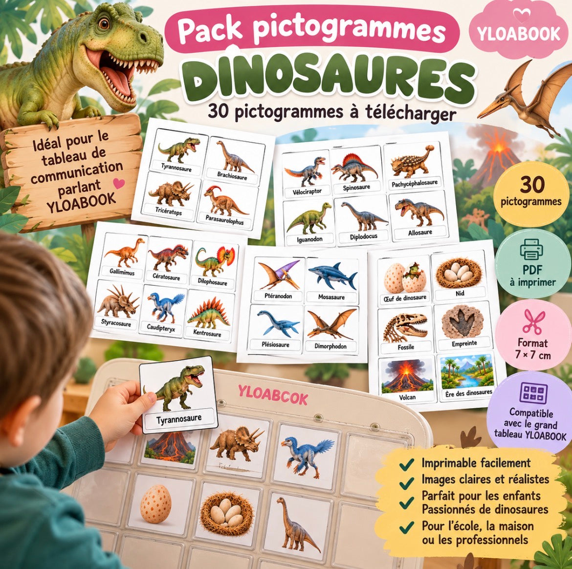 30 pictogrammes « Les dinosaures » – PDF à imprimer | Compatible avec le grand tableau parlant YLOABOOK