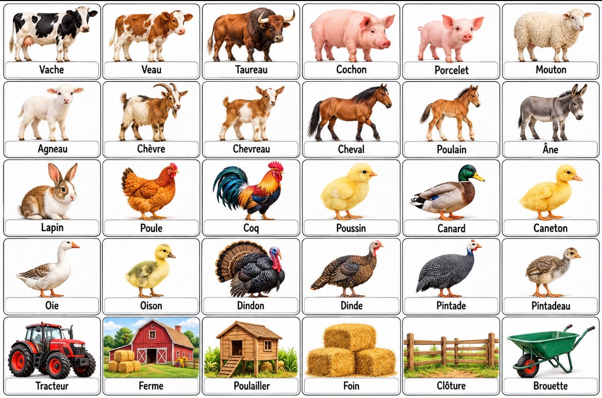 30 pictogrammes « Les animaux de la ferme » – PDF à imprimer | Compatible avec le grand tableau parlant YLOABOOK