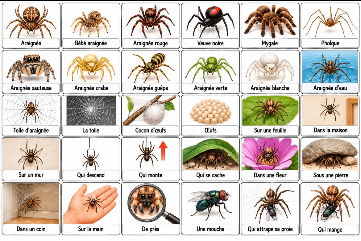 24 pictogrammes « Les araignées » – PDF à imprimer | Compatible avec le grand tableau parlant YLOABOOK
