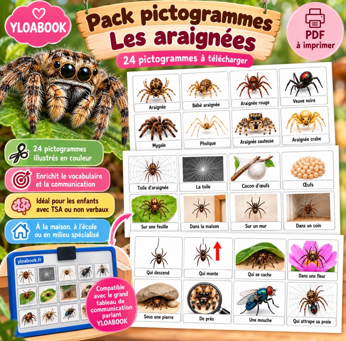 24 pictogrammes « Les araignées » – PDF à imprimer | Compatible avec le grand tableau parlant YLOABOOK