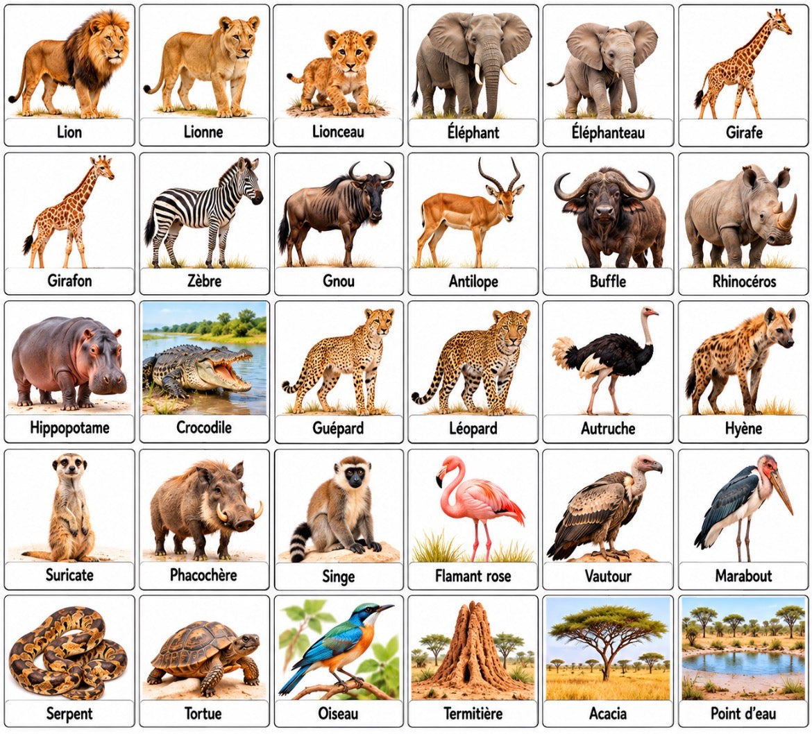 30 pictogrammes « Les animaux de la savane » – PDF à imprimer | Compatible avec le grand tableau parlant YLOABOOK