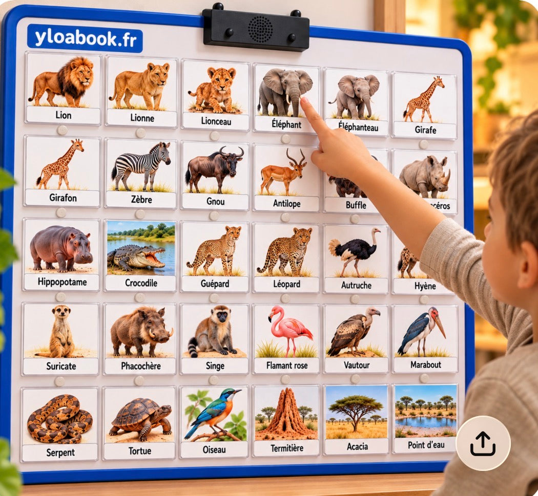 30 pictogrammes « Les animaux de la savane » – PDF à imprimer | Compatible avec le grand tableau parlant YLOABOOK