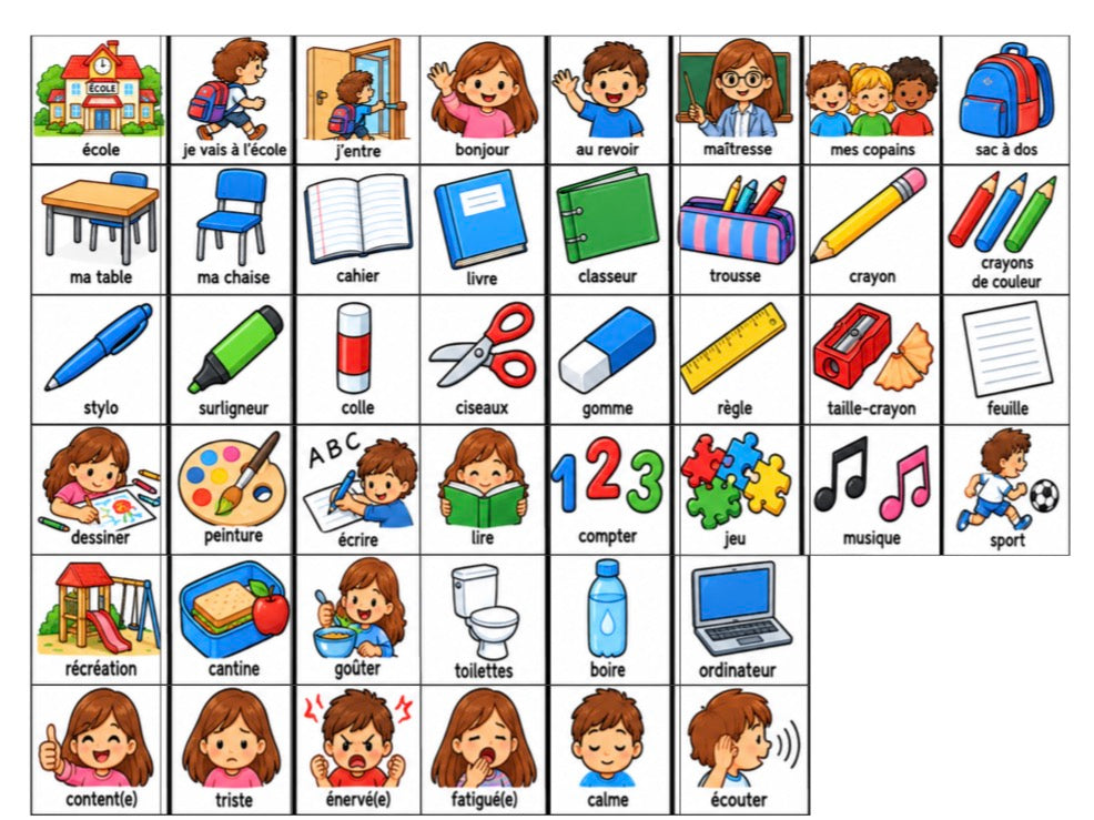Pack PDF « École » – 44 pictogrammes à imprimer | Compatible avec le petit tableau de communication parlant