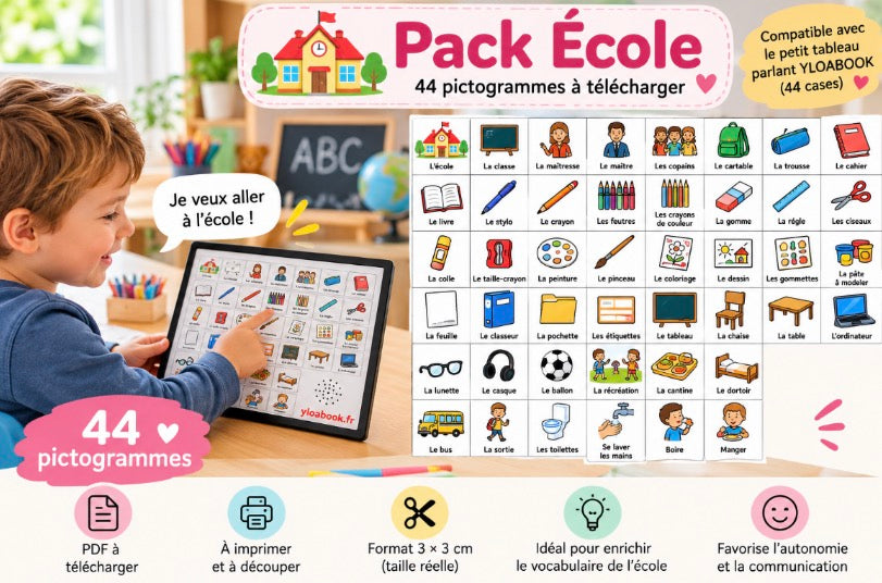 Présentation du support YLOABOOK : École : pictogrammes PDF pour petit tableau