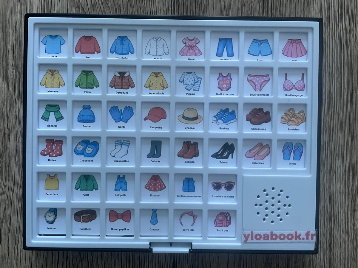 Pack PDF « Vêtements et chaussures » – 44 pictogrammes à imprimer | Compatible avec le petit tableau de communication parlant