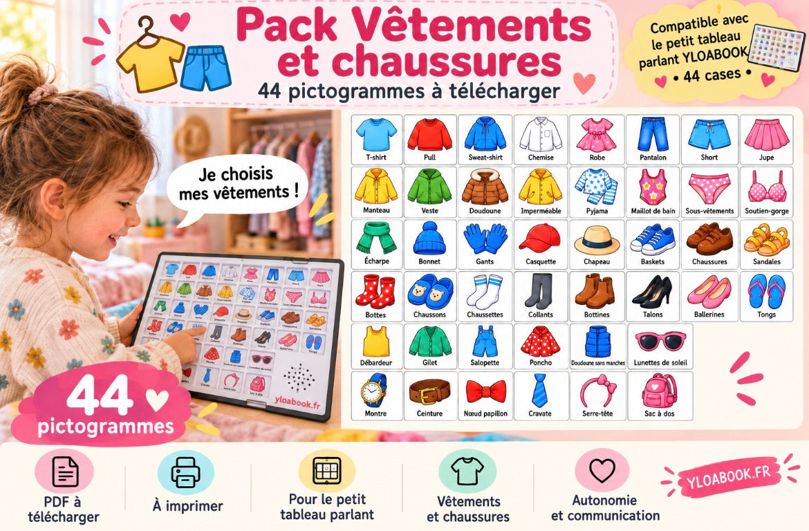 Présentation du support YLOABOOK : Vêtements et chaussures : pictogrammes PDF pour petit tableau