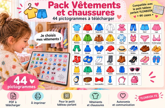 Présentation du support YLOABOOK : Vêtements et chaussures : pictogrammes PDF pour petit tableau