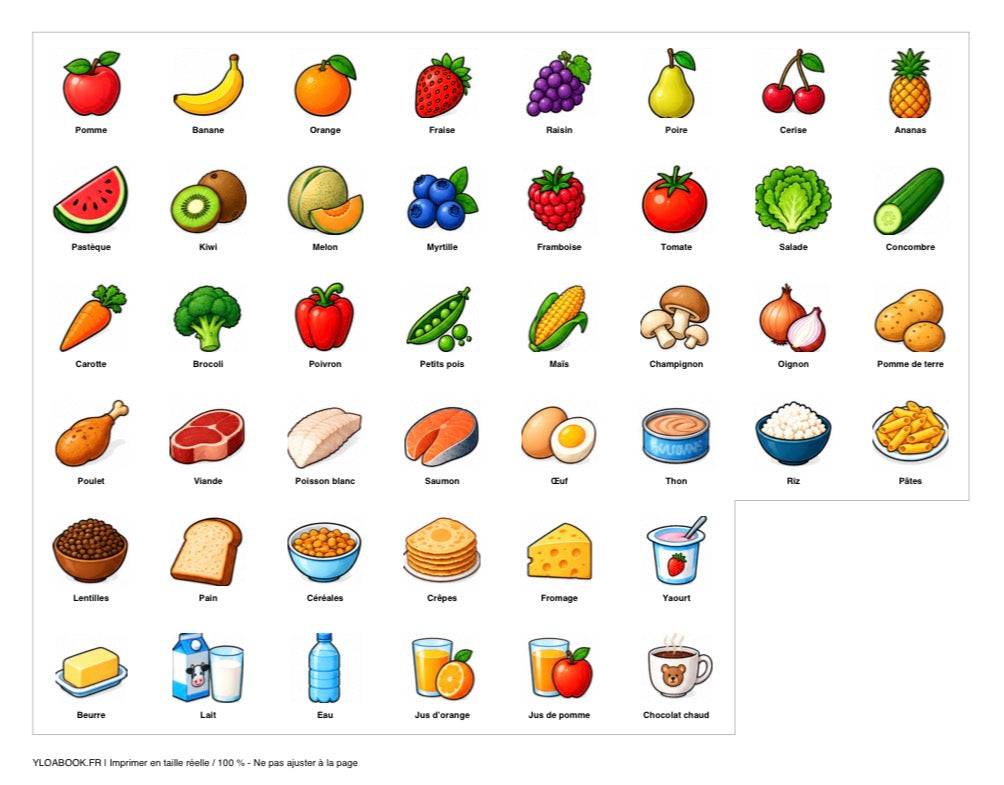 Pack Aliments et boissons – 44 pictogrammes PDF pour petit tableau parlant