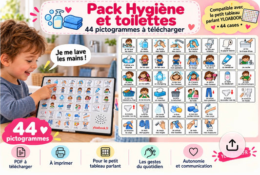 Présentation du support YLOABOOK : Hygiène et toilettes : pictogrammes PDF pour petit tableau