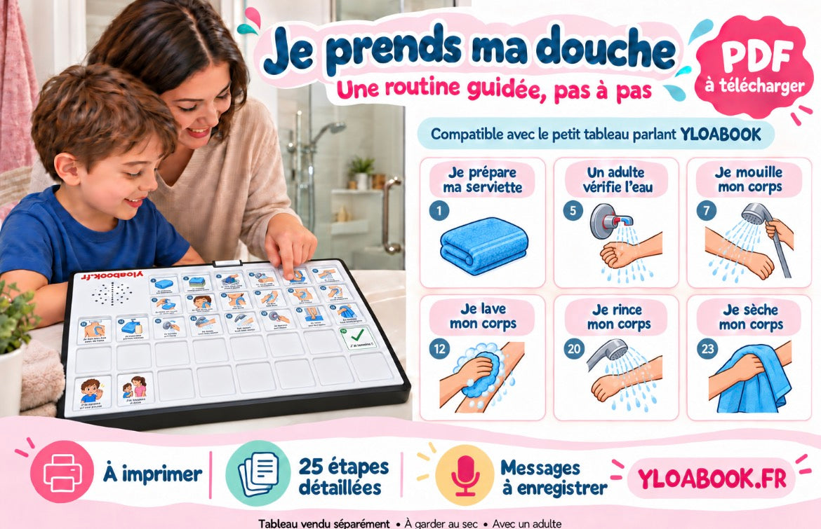Présentation du support YLOABOOK : Je prends ma douche : routine en pictogrammes PDF