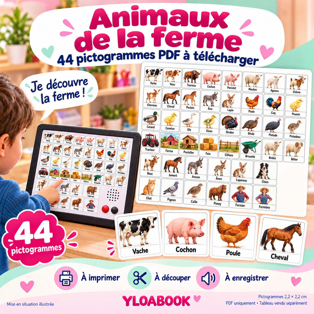 44 pictogrammes animaux et univers de la ferme pour petit tableau parlant YLOABOOK - 2,2 × 2,2 cm