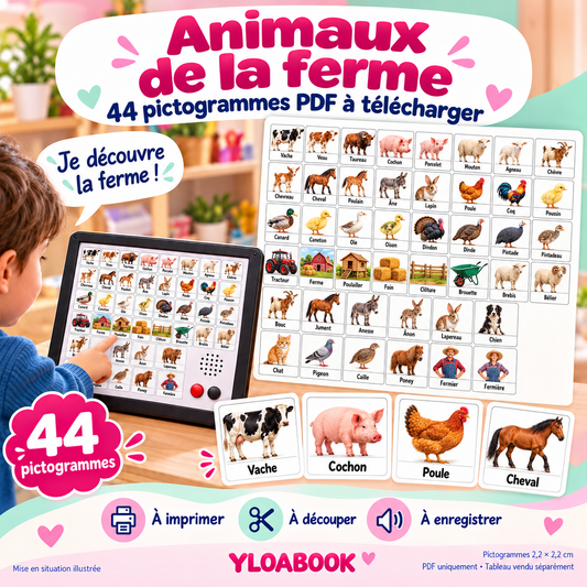44 pictogrammes animaux et univers de la ferme pour petit tableau parlant YLOABOOK - 2,2 × 2,2 cm