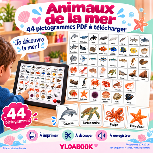 44 pictogrammes animaux de la mer de 2,2 × 2,2 cm pour petit tableau parlant YLOABOOK