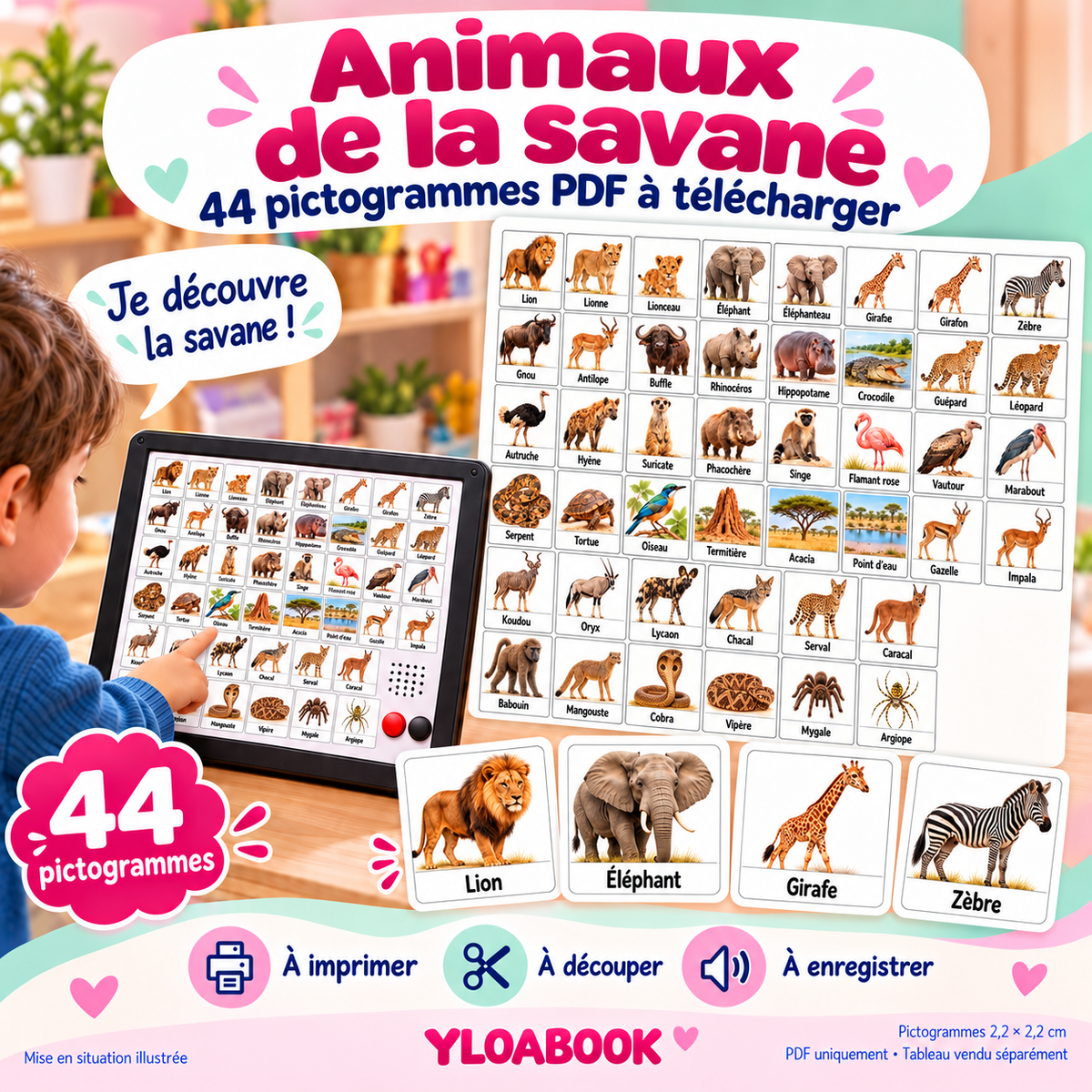 Pack Animaux de la savane pour petit tableau parlant - 44 pictogrammes incluant cobra, vipère, mygale et argiope