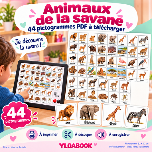 Pack Animaux de la savane pour petit tableau parlant - 44 pictogrammes incluant cobra, vipère, mygale et argiope
