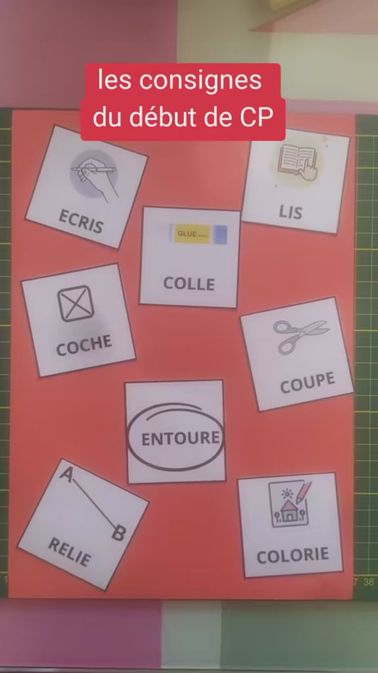 Les premières consignes – CP 📘 | Support A4 plastifié + 8 étiquettes à scratch 🖍️ Comprendre et manipuler les consignes de base dès l’entrée en CP